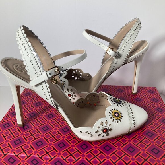 Womens Tory‎ Burch Perforated Marguerite Slingback Nappa Leather Shoes 8.5 Ivory - Picture 2 of 11